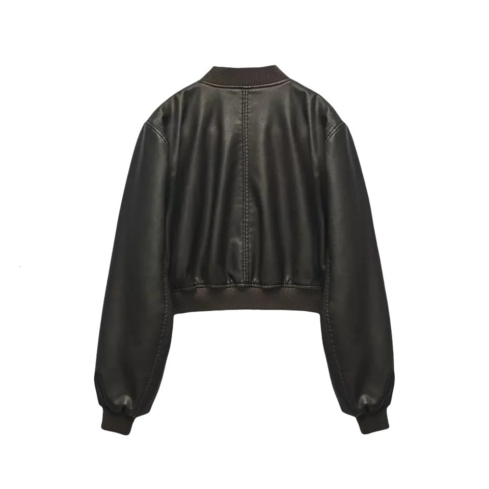 BSKTRAF Girl Stand Collar Distressed Faux Leather Bomber Jacket 2025 Womens Fashion Leather Jacket 251028
