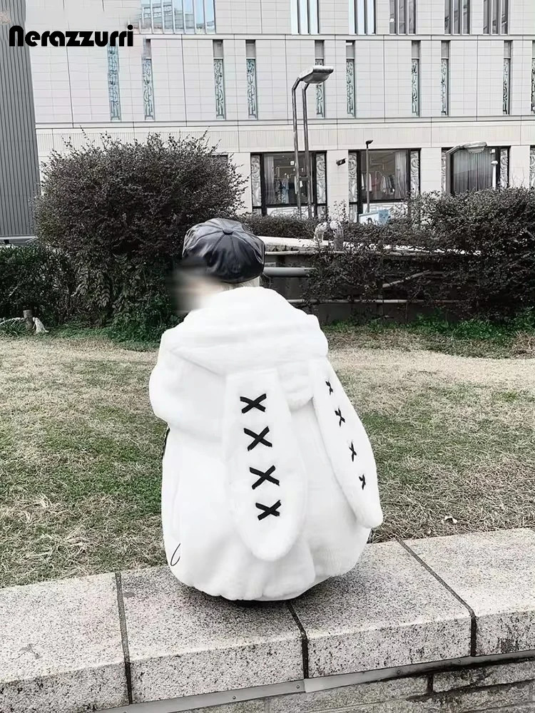 Nerazzurri Winter Sweet Cute Kawaii Soft Thick Warm White Faux Fur Coat Women with Bunny Ears Cute Fluffy Jacket Hoodie 251029