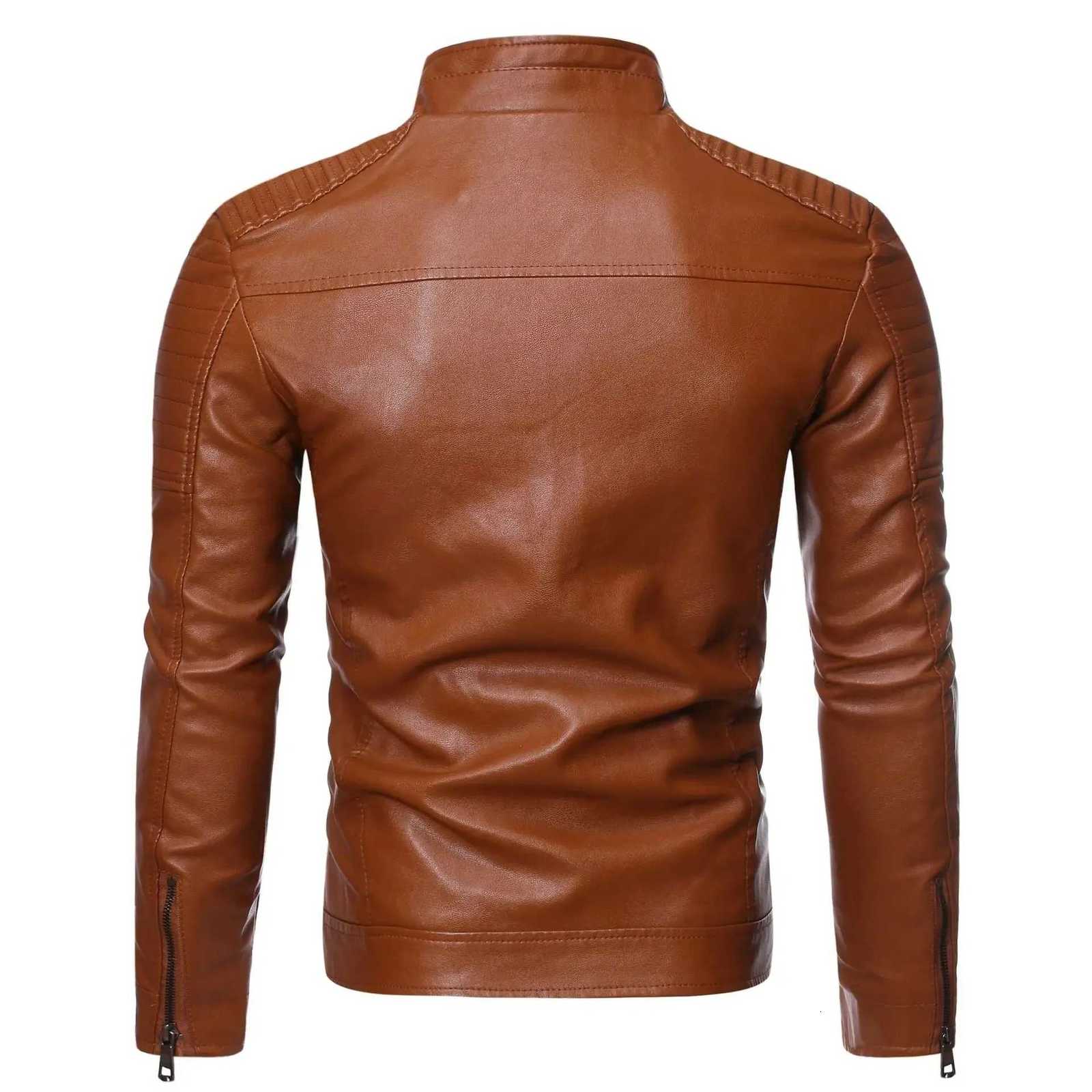 Autumn New Men Coat Solid Colors Leather Coats Stand Collar Motor Slim Multi Pockets Jackets Male Classic Leather JacketT251029