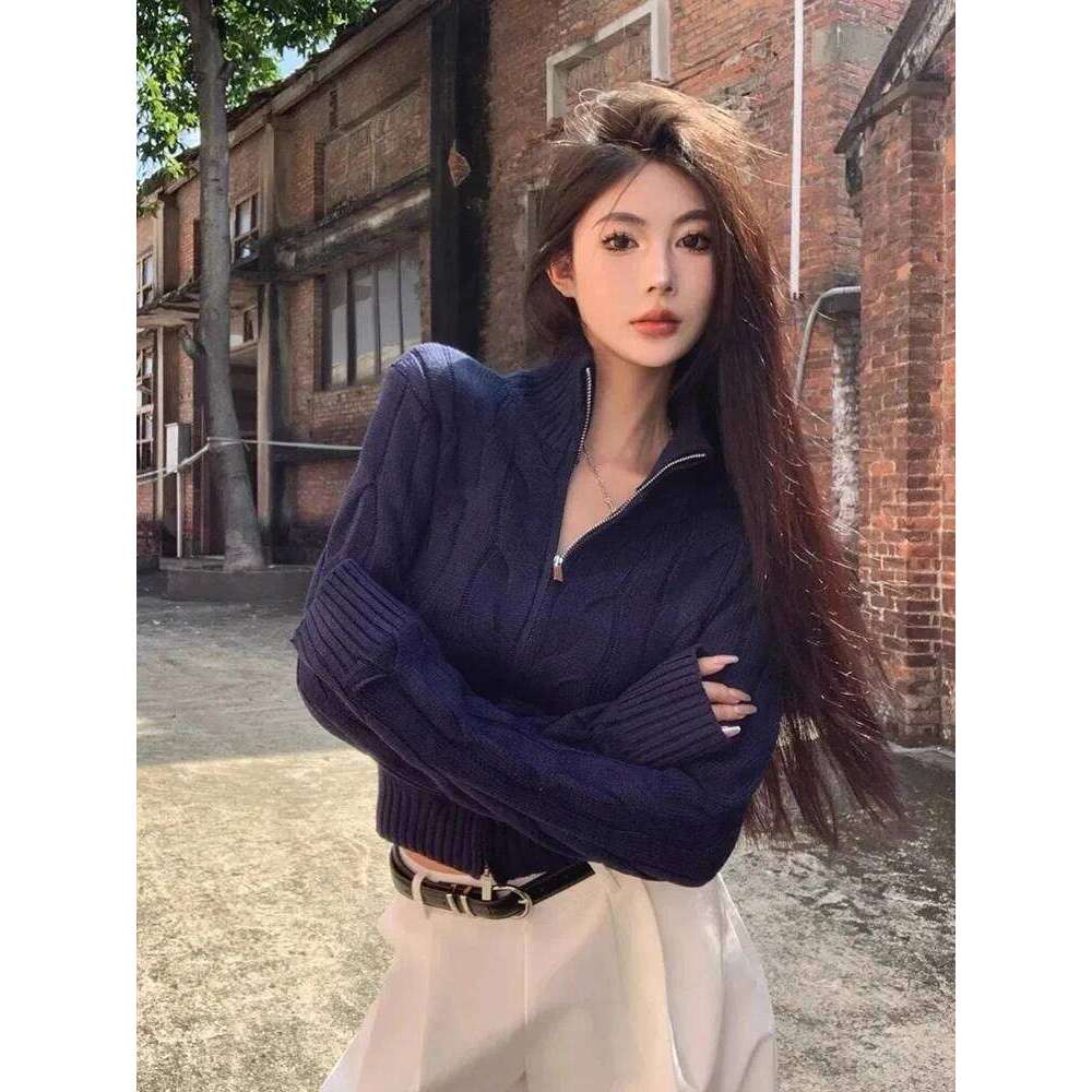 Vintage Turtleneck Zipper Cardigan For Women Autumn Loose Long Sleeves Knitted Sweaters Y2k Ladies Soft All Match Jumpers Women Sweater Designer Sweat