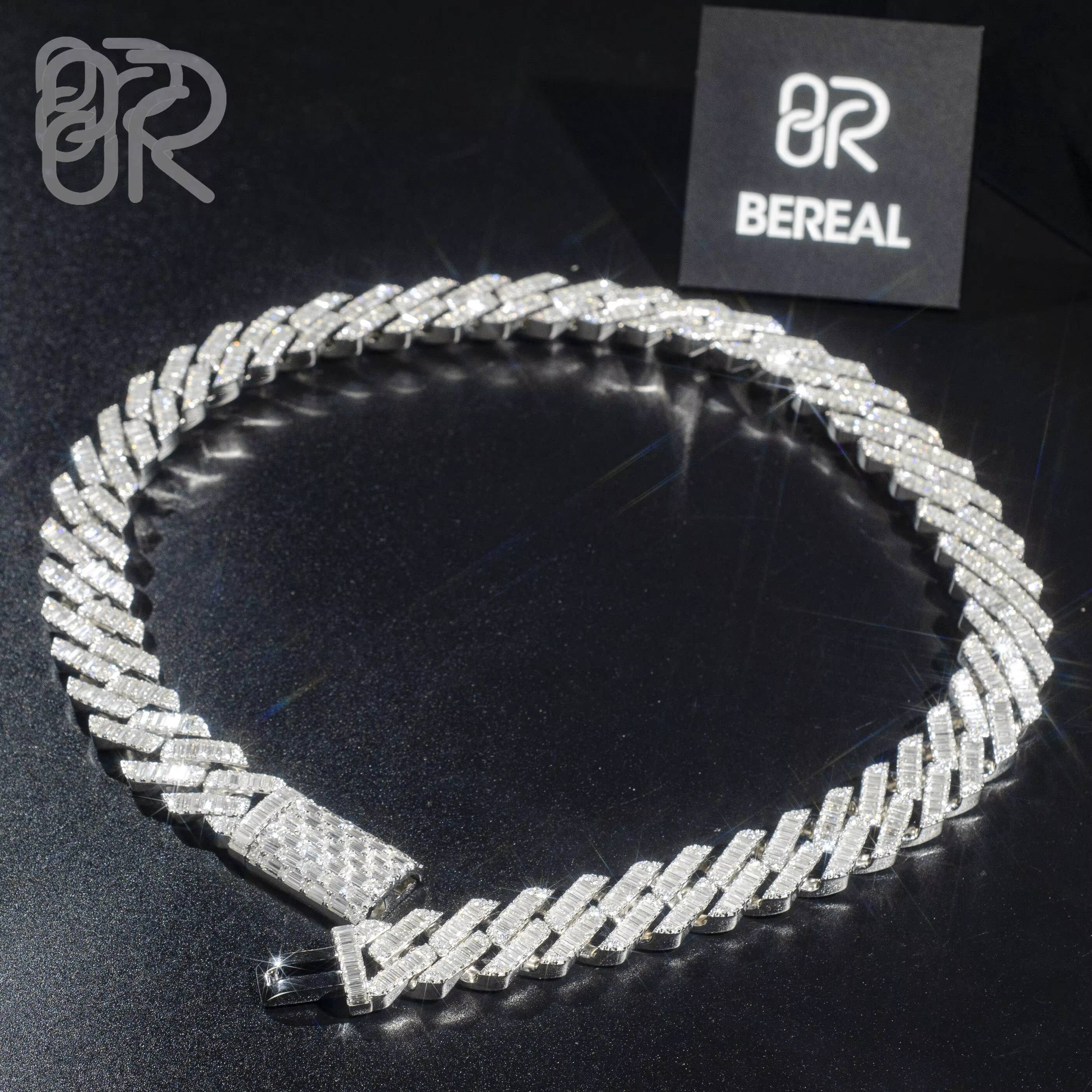 18mm 18 VVS Moissanite Cuban Necklace Pass Diamond Test GRA Certificate Baguette Straight Line 925 Silver Chain for Men