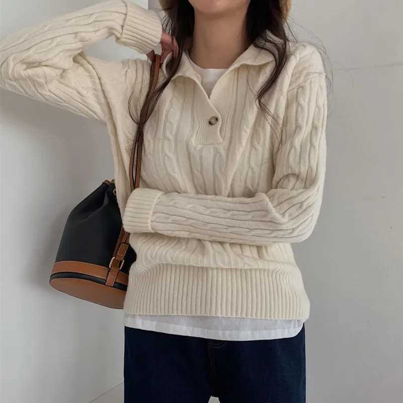 Korean Turndown Collar Solid Womens Sweater Sweet Fried Dough Twists Sweater Casual Versatile Simple Knitting Pullover Tops J251029