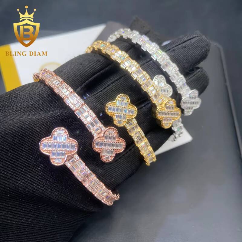 Hot Saling Fine Jewelry Four Leaf Clover Bangle 925 Sterling Silver Iced Out VVS Moissanite Hip Hop Bracelet Pass Diamond Tester