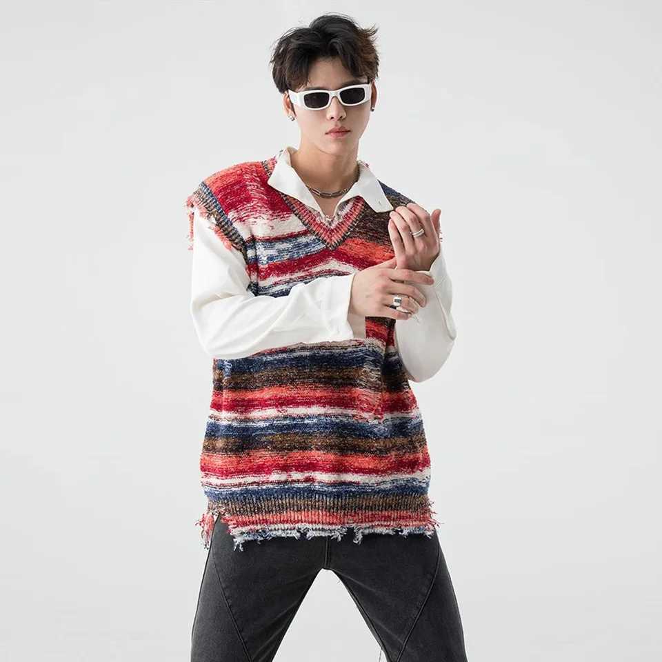 Harajuku Gradient Stripe Sleeveless Vest Y2K Washed Ripped Tie Dye VNeck Tank Top Baggy Pullover Knitted Sweater J251029