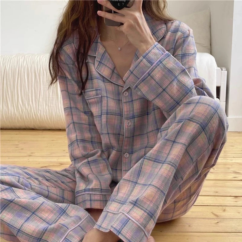 Autumn Womens Simple Leisure Pajamas Girls Spring Thin Section of the Lapel Cardigan Home Wear Suit Real S 251029