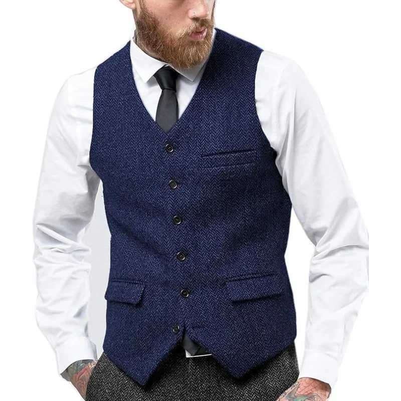Mens Vintage Herringbone Vest Slim Fit Wool Tweed Waistcoat for PromWedding Classic Retro Style Herringbone Weave W251029