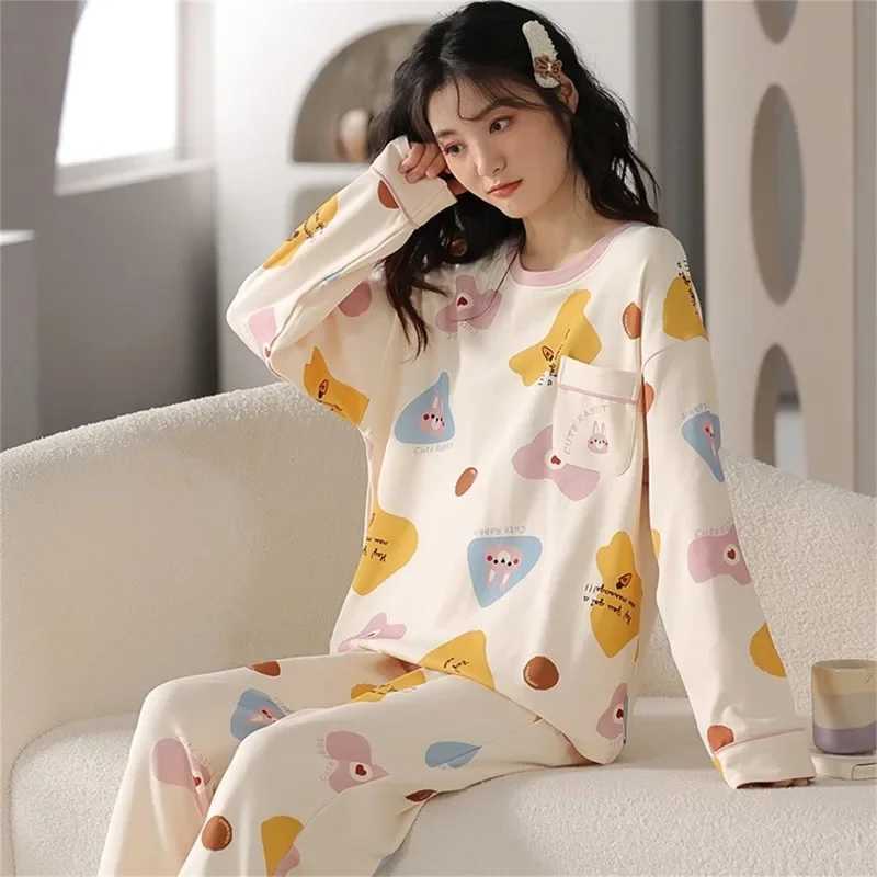 Fall and Winter Womens Nightwear Plus Size Cartoon Bear Student Pajamas Homewear Ladies Long Sleeves Plaid Pants SleepwearT251029
