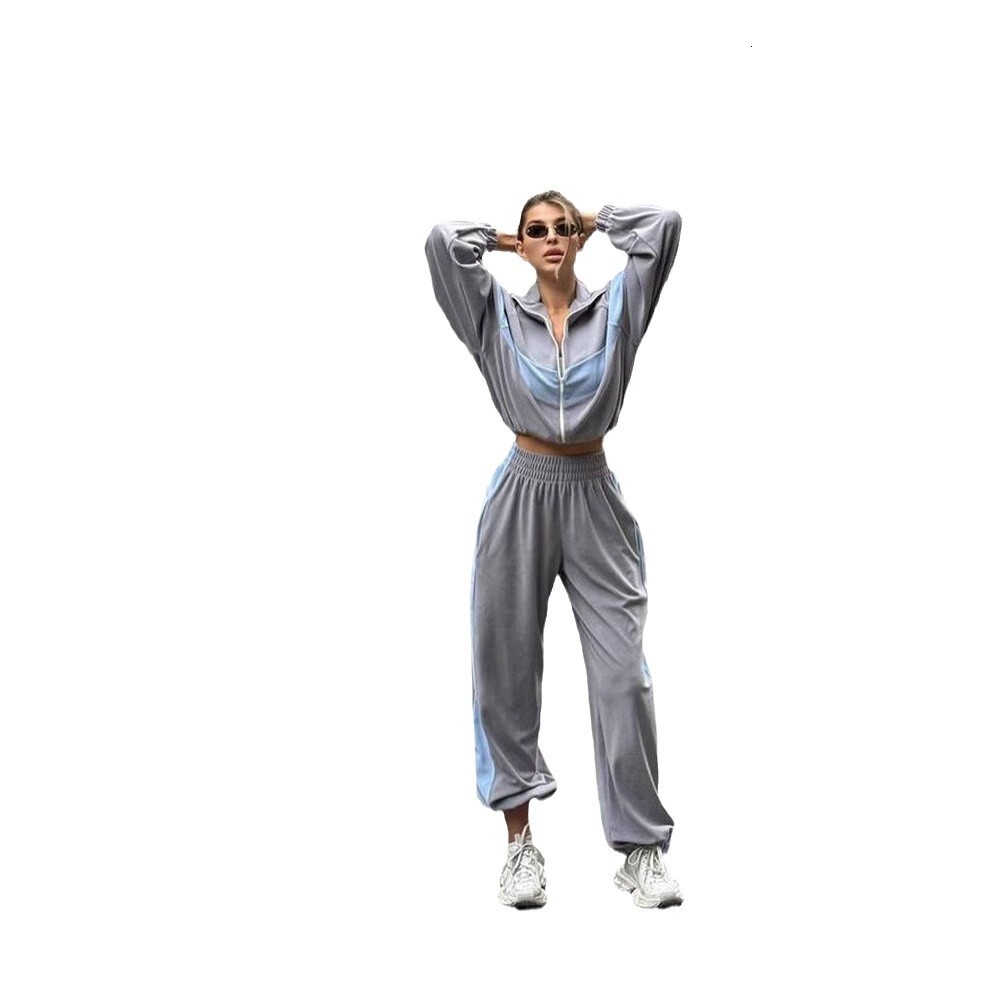 New Fashion European and American Designer Style Casual Sports Set Zipper Open Collar Woolen Sweater Pants Women's Two Piece Set