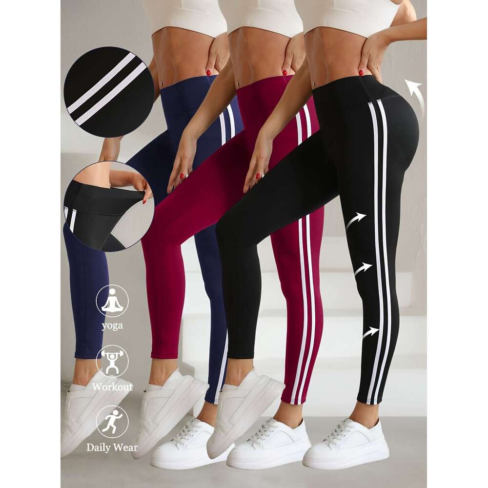 3Pcs High-Waist White Side Stripe Yoga - Soft, Stretchy Athletic Leggings For Running, Fiess, Breathable & Durable With Elastic Waistband, Cycling Pan