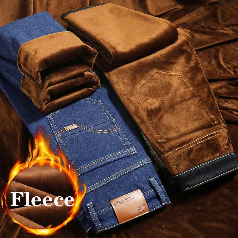 Autumn Winter Warm Flocking Denim Soft Man Activities Fleece Line Men Jeans Black Blue Grey Colors 251029