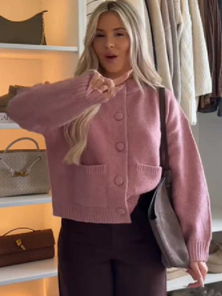 FSMG Casual Solid O Neck Single Breasted Cardigan For Women Elegant Full Sleeve Pocket Knitted Sweater Autumn Lady Chic KnitwearT251028