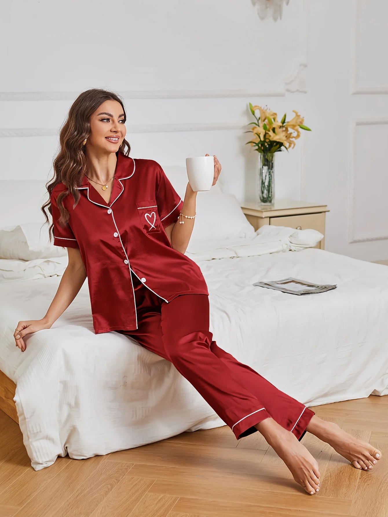 Heart Embroidery Satin Pajama Set Casual Short Sleeve Button Up Lapel Collar Top Pants Womens Sleepwear 251029