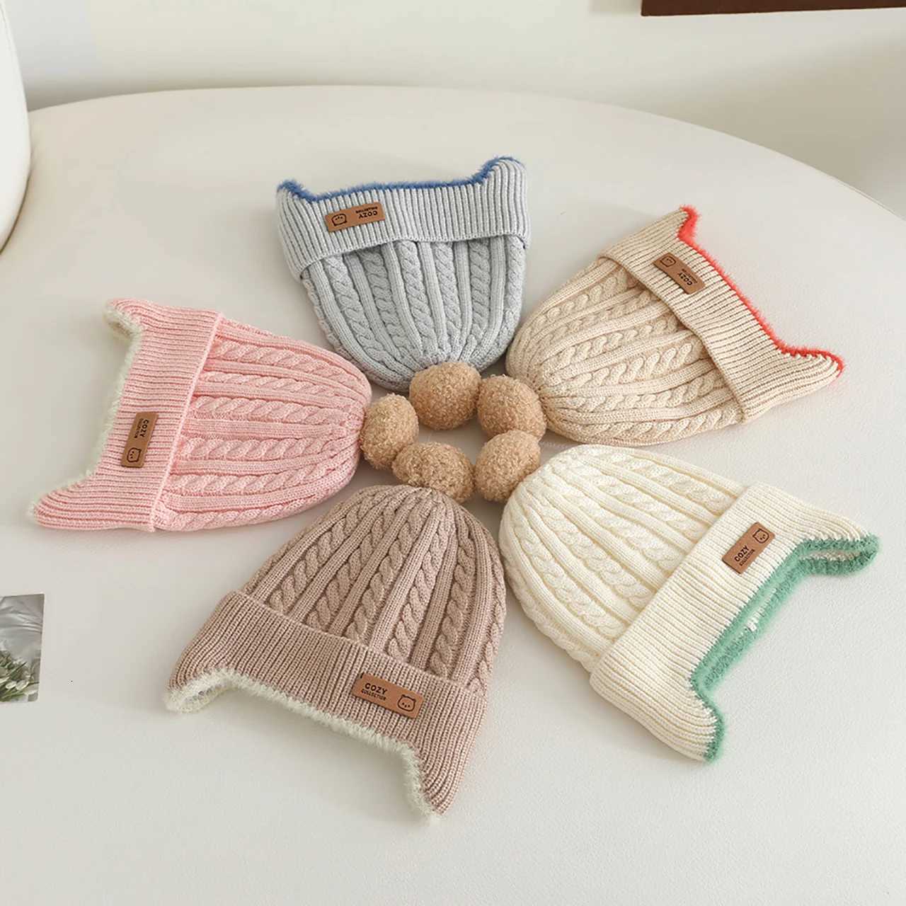 Pompom Beanies Winter Warm Baby Earmuffs Cap Toddler Ear Protection Hat 13year Kids Woolen Knit Hats Fashion Children Bonnet251028