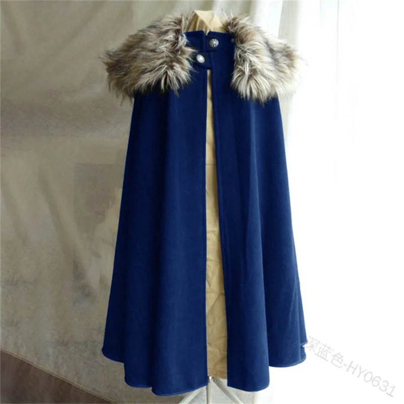 Mens Medieval Costume Cloak Autumn Winter Thick Warm Solid Fur Collar Cape Coat Loose Gothic Women Vintage Woolen Ladies Coats 251029