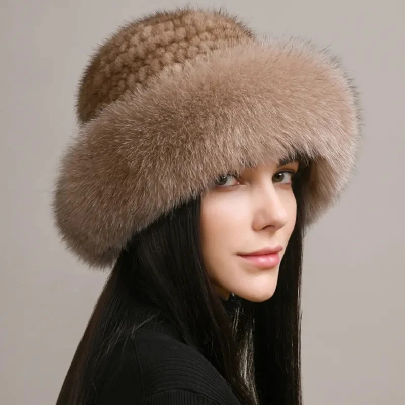 Genuine Real Natural Knitted Mink Fur Hat Cap Women Handmade Knit Fashion Winter Headwear Warm Real Fox Fur Beanies 251029
