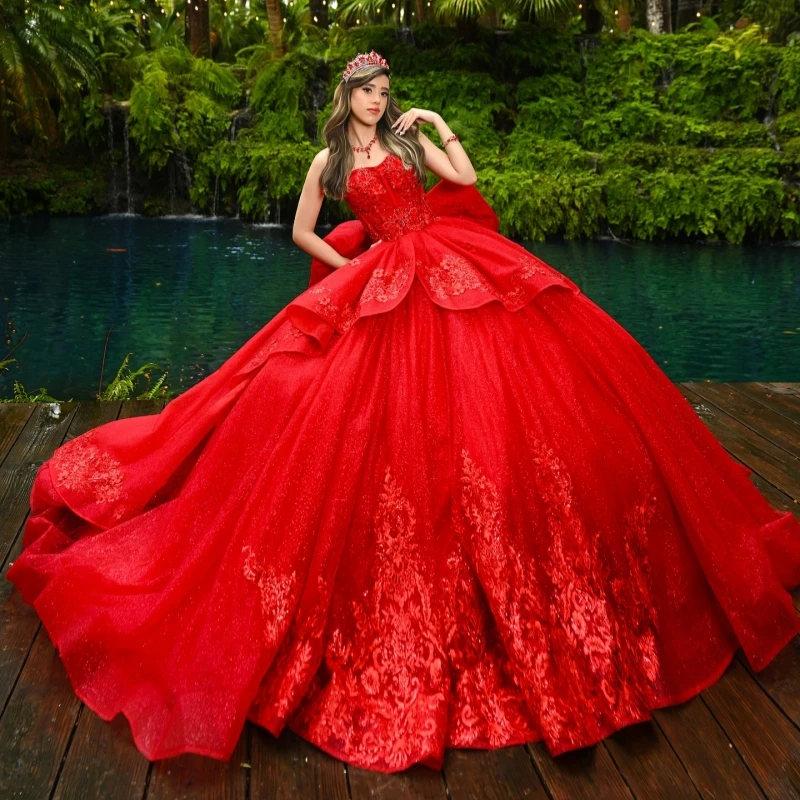 Red Princess Off the Shoulder Sweet 16 Dress Quinceanera Dresses Applique Lace Beads Bow Tull Party Birthday Vestidos 15