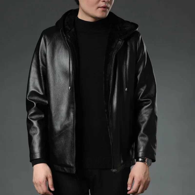 Mens Hooded Motorcycle Leather JacketWinter Thick Fleece Warm and Windproof Casual Mens Fashion Fake Leather JacketT251029