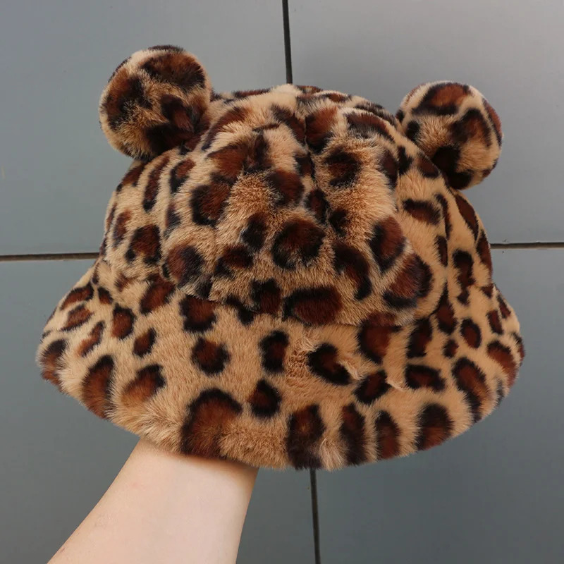 Fashion Autumn Winter Leopard Fur Bucket Hat Bear Ear Ball Plush Fisherman Soft Warm Thick Basin Protection Hats 251013