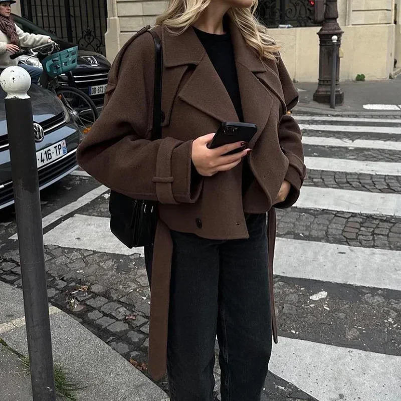 European and American womens clothing big lapel woolen sweater fashion short belt coat jacket 251029