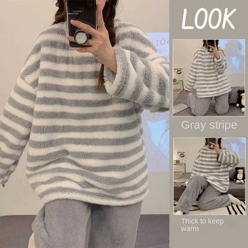 Thickened Warm Flannel Women Pajamas Loungewear Striped Top and Trousers Large Size Sleepwear Homewear Nightwear Cartoon RabbitT251029