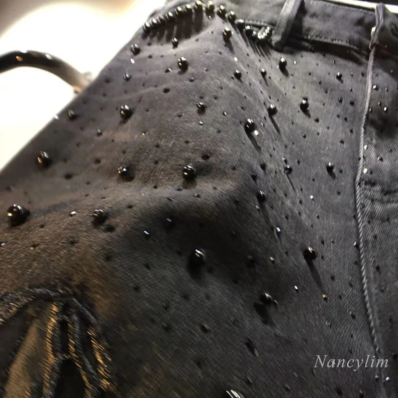 European 2025 Hollow Lace Jeans Women Summer Black Lace Denim Pants Heavy Industry Beads Diamond Denim Splicing Crochet 251029