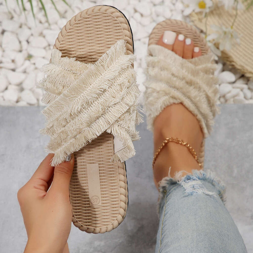 Women's Summer New Bohemian Designer Shoe Comfortable EVA Flat Slippers Lightweight Waterproof Vacation Cross Tassel Beach Sandals