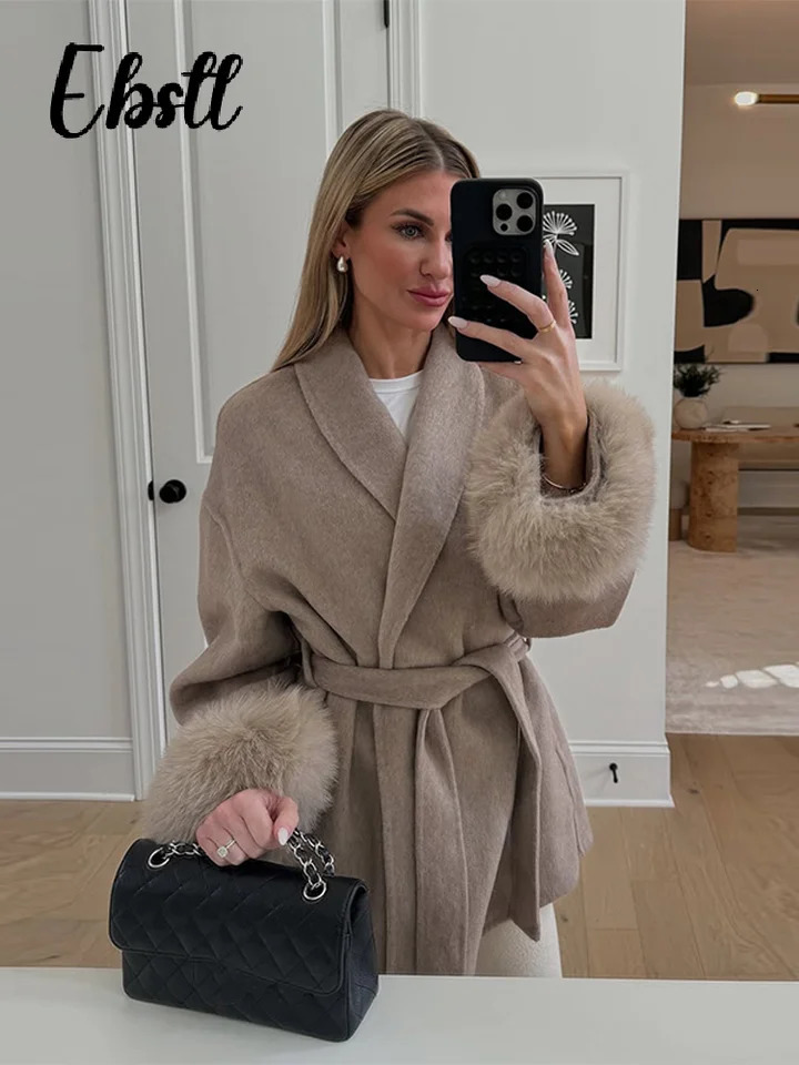 Warm Fur Patchwork Laceup Woolen Coat Womens Street Turn Down Collar Full Sleeve Overcoats 2025 Winter Ladies Chic Outwear 251029