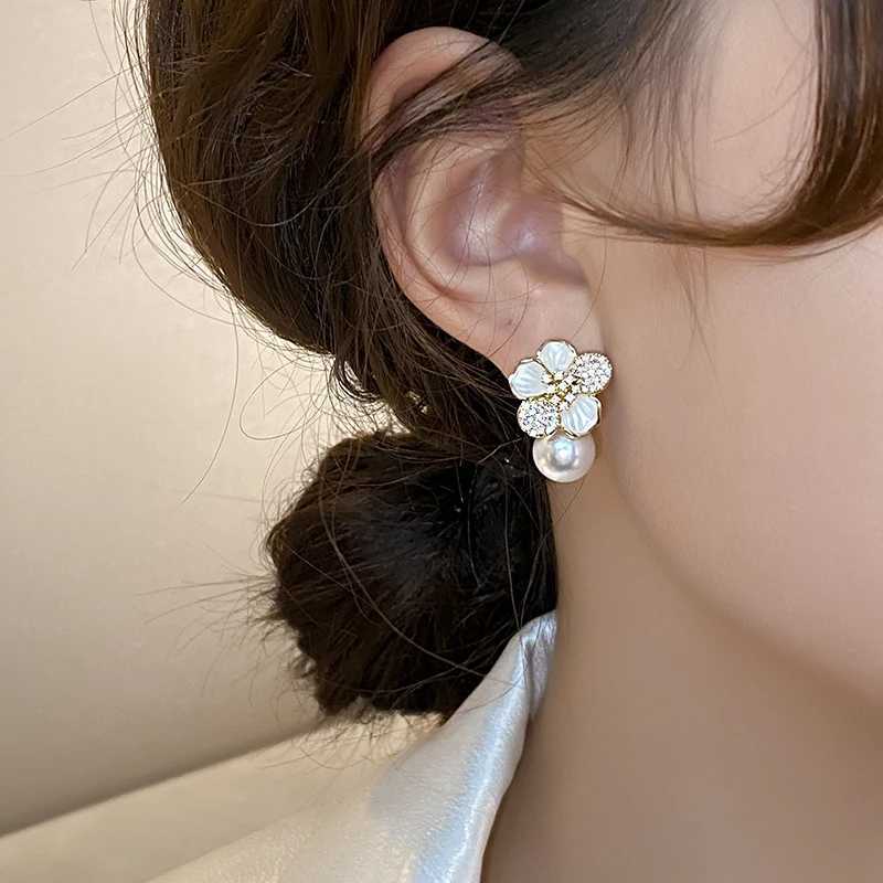 French Light Luxury Micro Set Zircon White Enamel Camellia Pearl Pendant Earrings 2025 New Fashion Jewelry Accessories For WomenW251029