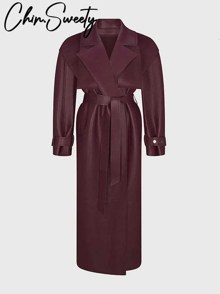 Street Pu Leather Women Long Coat Y2K Solid Belt Lapel Pocket Full Sleeve Female Jacket 2025 Autumn Winter Lady Outwear 251029