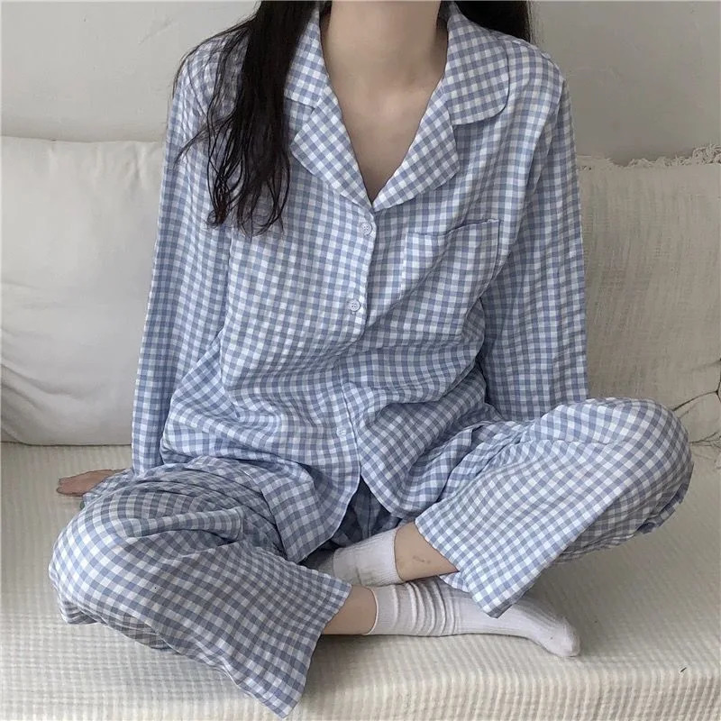 Pajamas Female Autumn and Winter LongSleeved Sweet Nightwear Homewear TwoPiece Set Women Plaid Casual Simple Sleepwear 251029