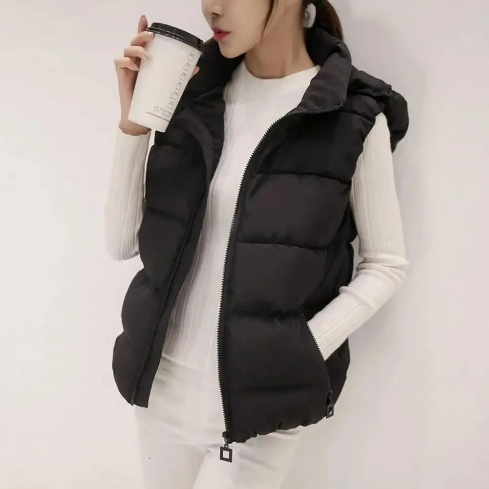 Women Sleeveless Pocket Hooded Vest Coats Winter Solid Color Warm Cotton Padded Jackets Waistcoat Female 251027