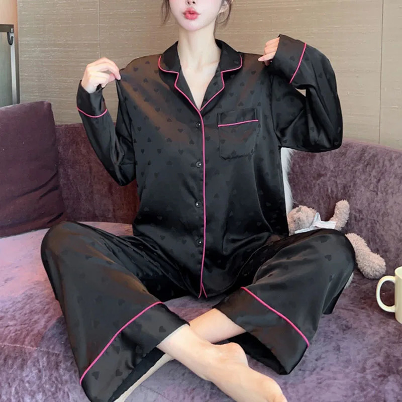 Spring and Autumn Love Jacquard Pajamas Women Long Sleeve Simple Casual Premium Feeling Home Wear Sexy Nightwear Silk Sleepwear 251029