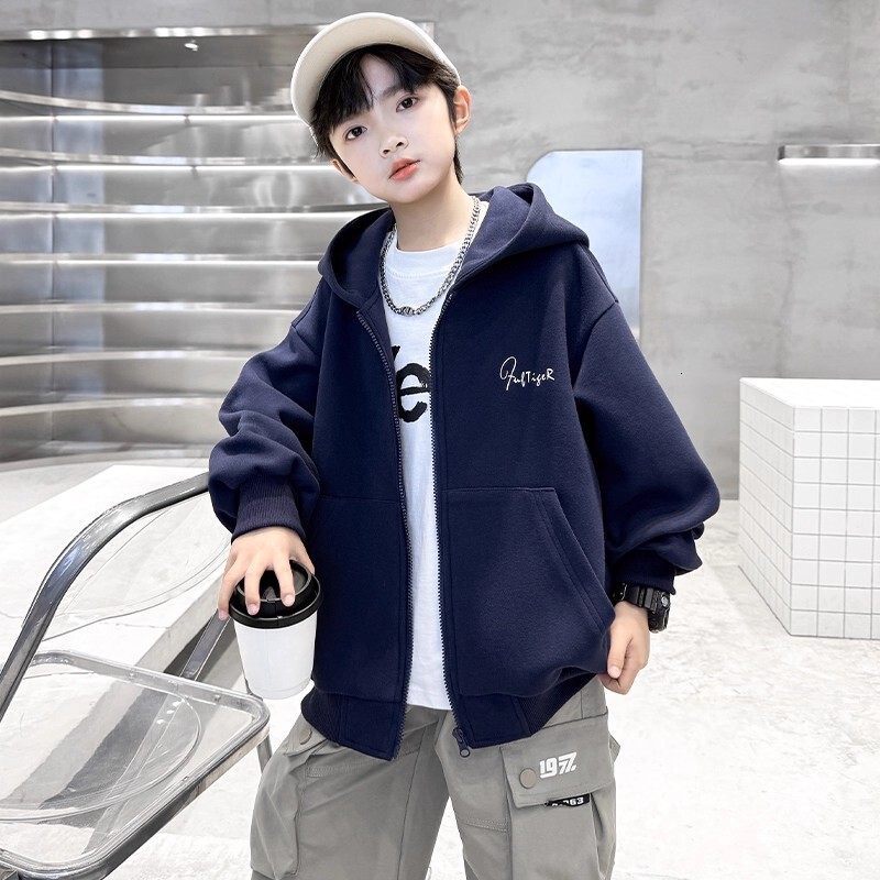Boys' Jacket Spring and Autumn New Style Designer Big Children's Hooded Top Boys' Autumn Sportswear Open Knitted Woolen Sweater Fashion