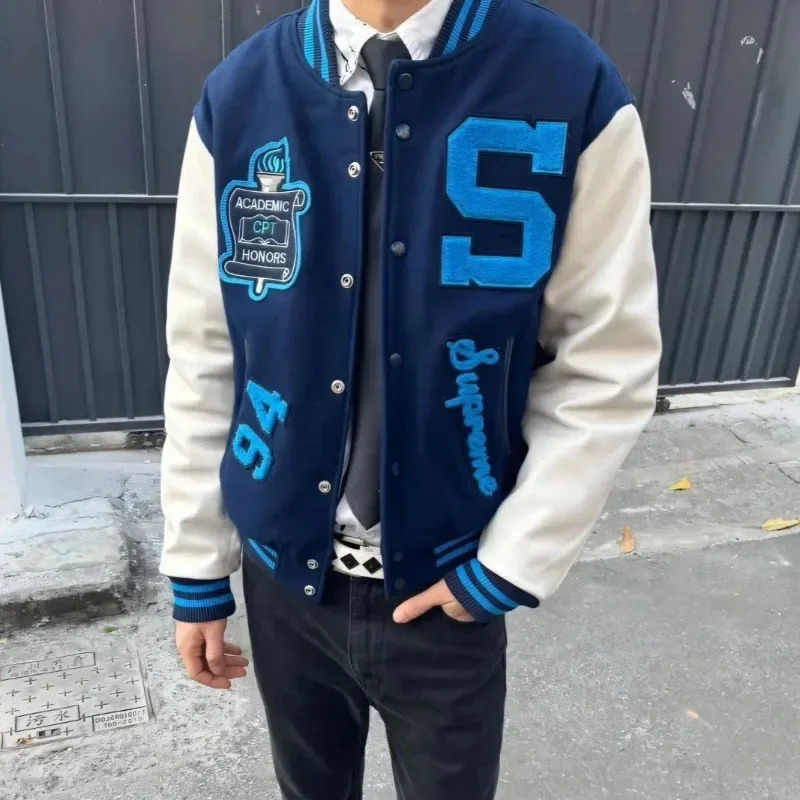 Embroidery Baseball Jacket for Men Streetwear Varisity Splicing PU Leather Sleeves Women Bomber Unisex Clothes 251028