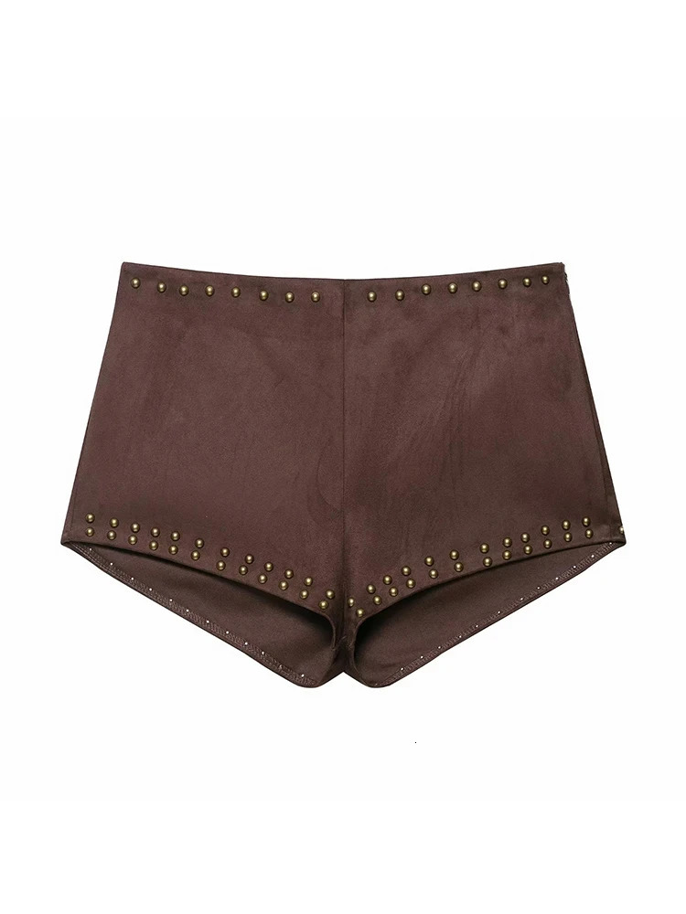 Woman Sexy Chic Rivet Velvet Leather Suit Sleeveless Top Mini Shorts Fashion Summer Holiday Party Set 251029