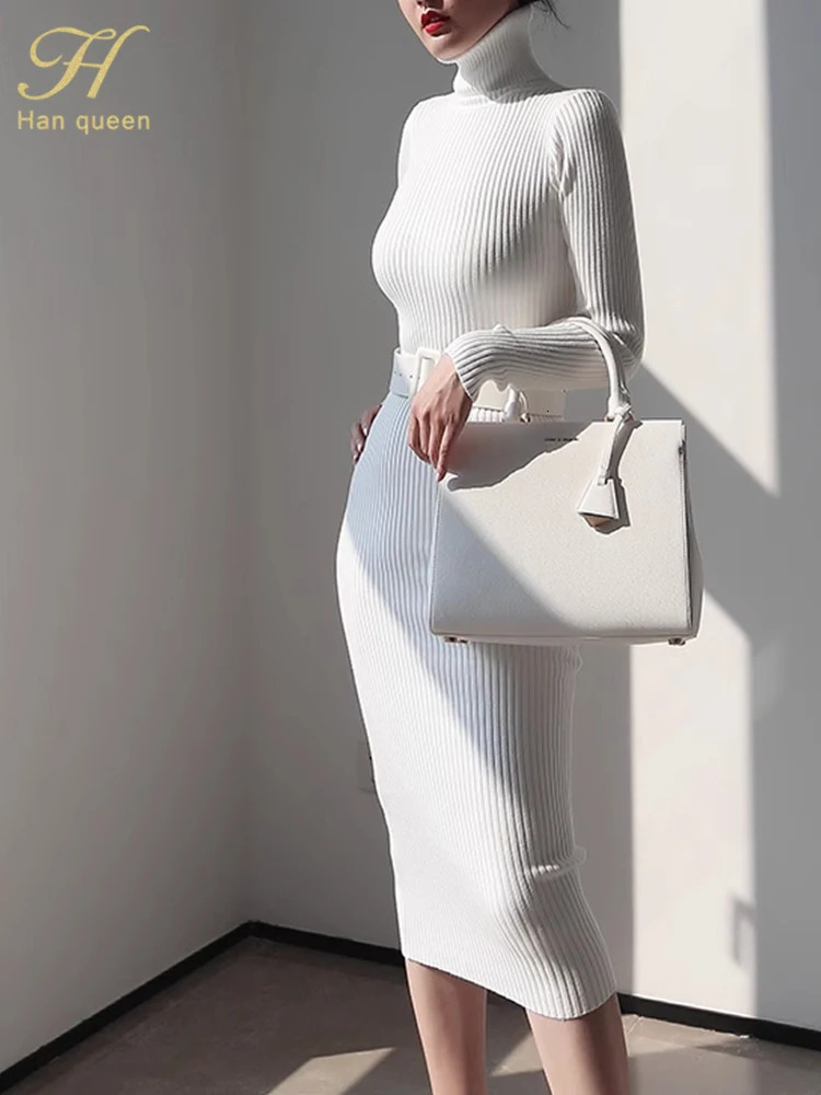 H Han Queen Knitted Turtleneck Sweater Bodycon Dress Bottoming Women Soft Elastic Autumn Winter Midi Party Dresses With Belt 251029