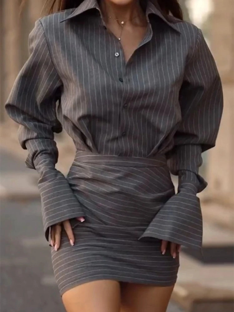 2025 Summer Fashion Womens Elegant Office Staff Set Striped Collar Top Hip Wrapping Short Skirt Effect Two Piece 251016