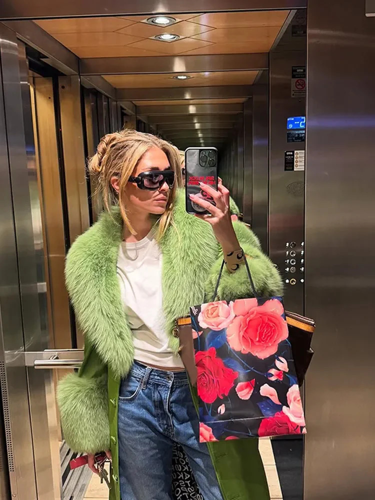 Fashion Green y Fluffy Faux Fur Jacket Women Lapel Long Sleeve Loose Warm Coat Winter Lady High Street Outerwear 251028