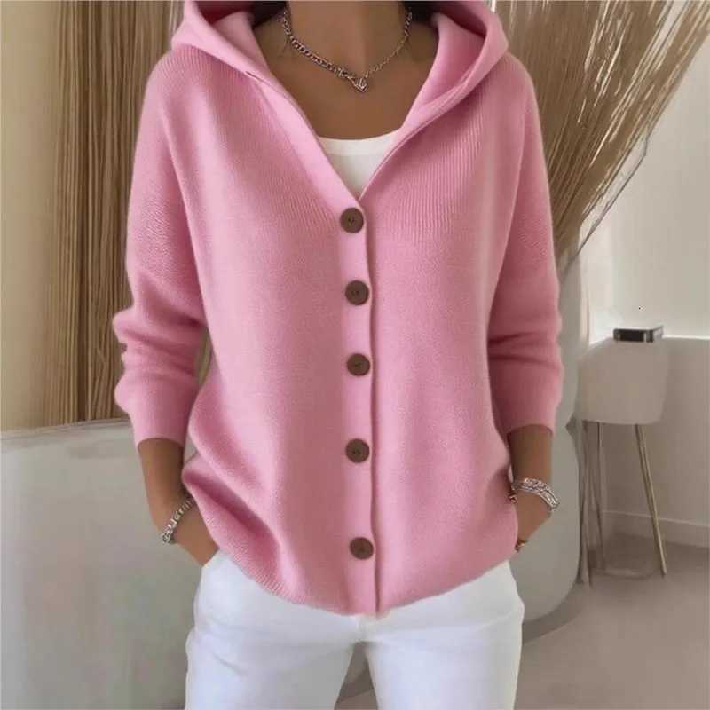 Solid Color Button Knit Hooded Sweater Cardigan Jacket For Autumn Winter New Casual Fashionable Womens Clothing Pulls FemmesT251028