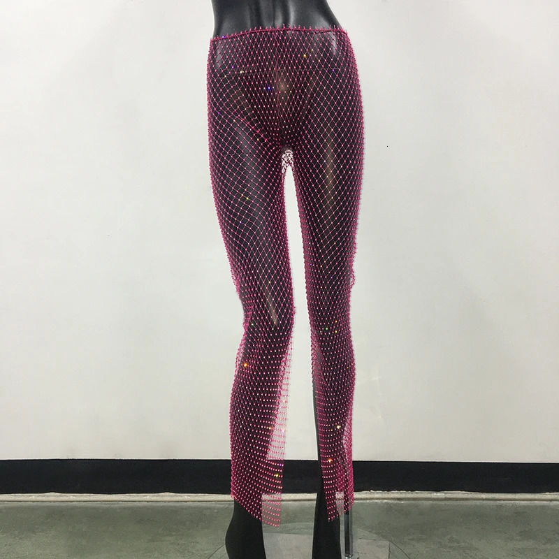 Sparkly Rhinestone Split Pants Hollow Out Fishnet Beach Trousers Women Sexy Y2K Streetwear Nightclub Party Rave Festival Pant 251028
