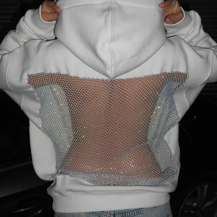 Women's fashionable hooded sweatshirt, casual long sleeved pullover, designer American hollow mesh long sleeved sweatshirt