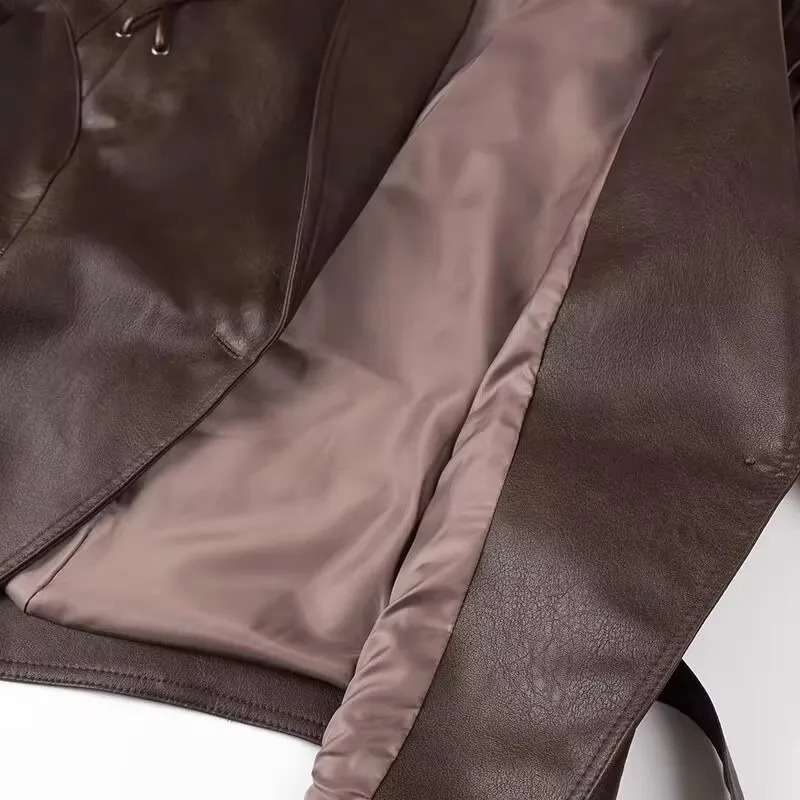 Mauroicardi Spring Autumn Short Retro Brown Pu Leather Jacket Women Sashes Lace Up Emo Clothes European Fashion 251029