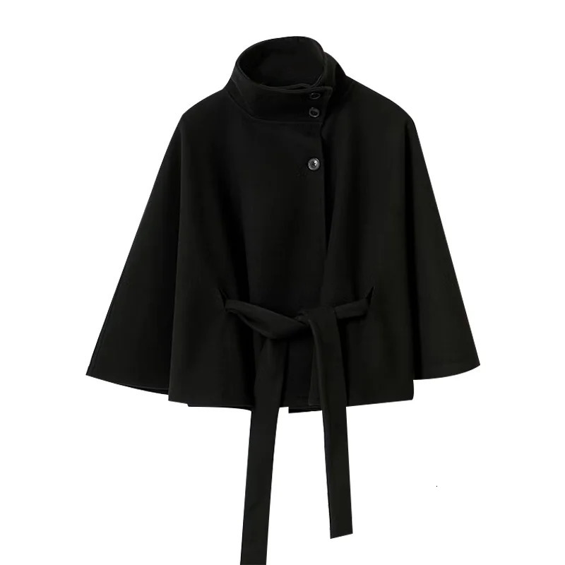 2026 Lace Up High Neck Jackets For Women Belt Faux Wool Blends Cape Coats Autumn Winter Warm Elegant Cloak Coat Ladies 251029