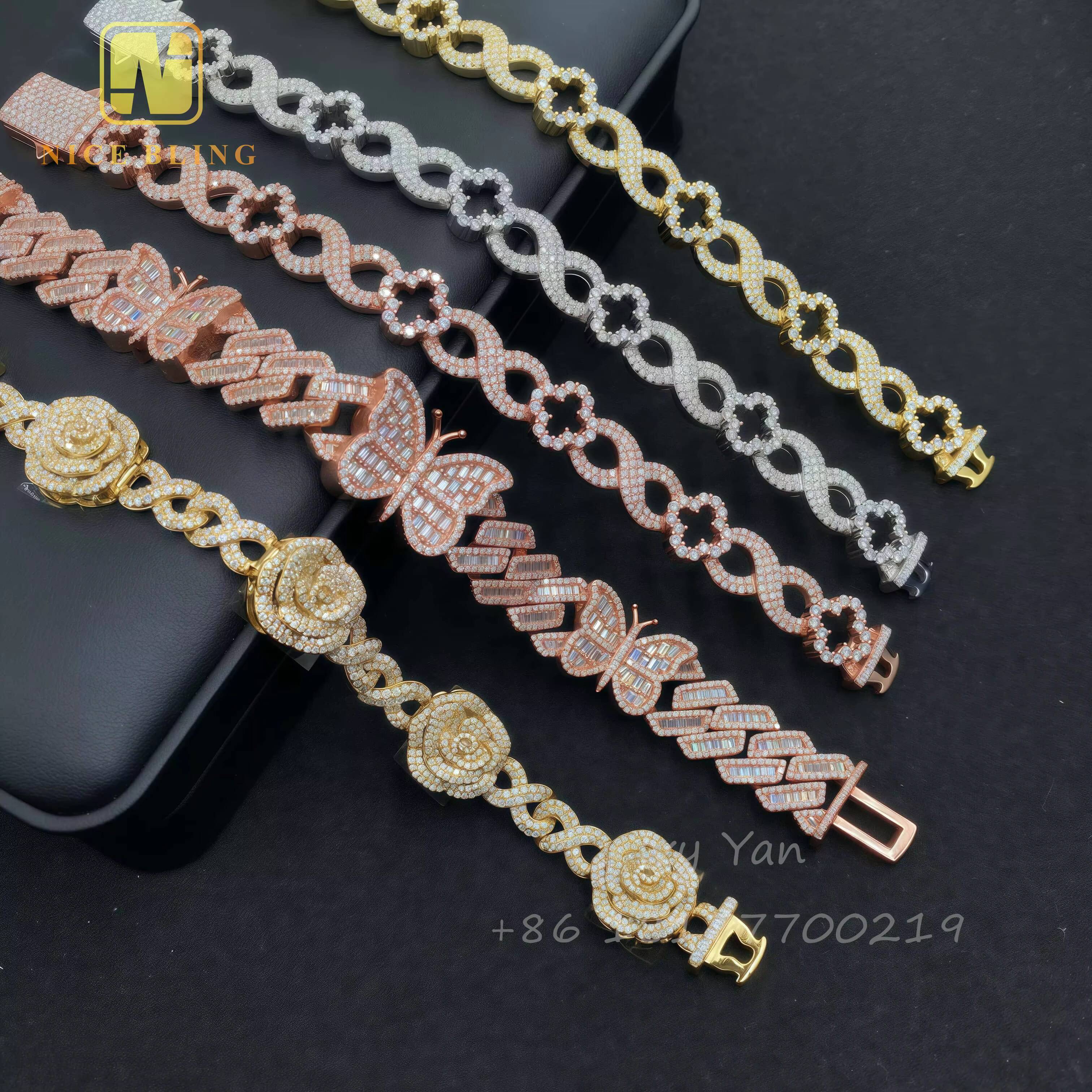 Fashion Hip Hop Jewelry Cuban Link Chain Rose Flower Butterfly Design Custom Made Iced Out 925 Silver VVS Moissanite Bracelet