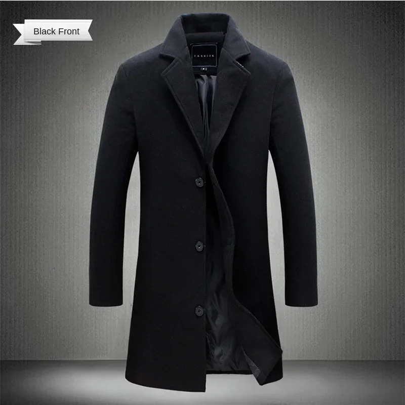 Spring Autumn Long Cotton Coat Wool Blend Pure Color Casual Business Fashion Mens Clothing Slim Windbreaker Jacket 251029