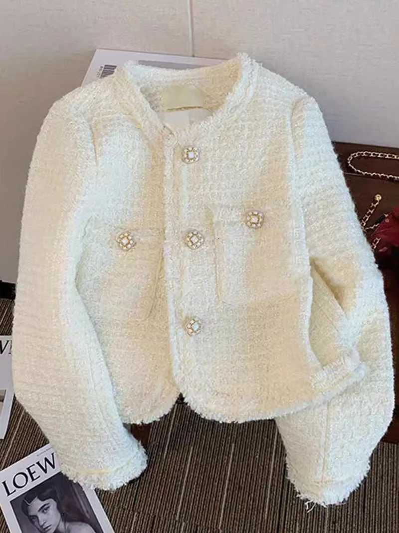 2025 Women Korean White Tweed Jackets Fashion O Neck Elegant Buttons Coat Casual Loose Long Sleeve Female High Quality Outwear1 Y251105