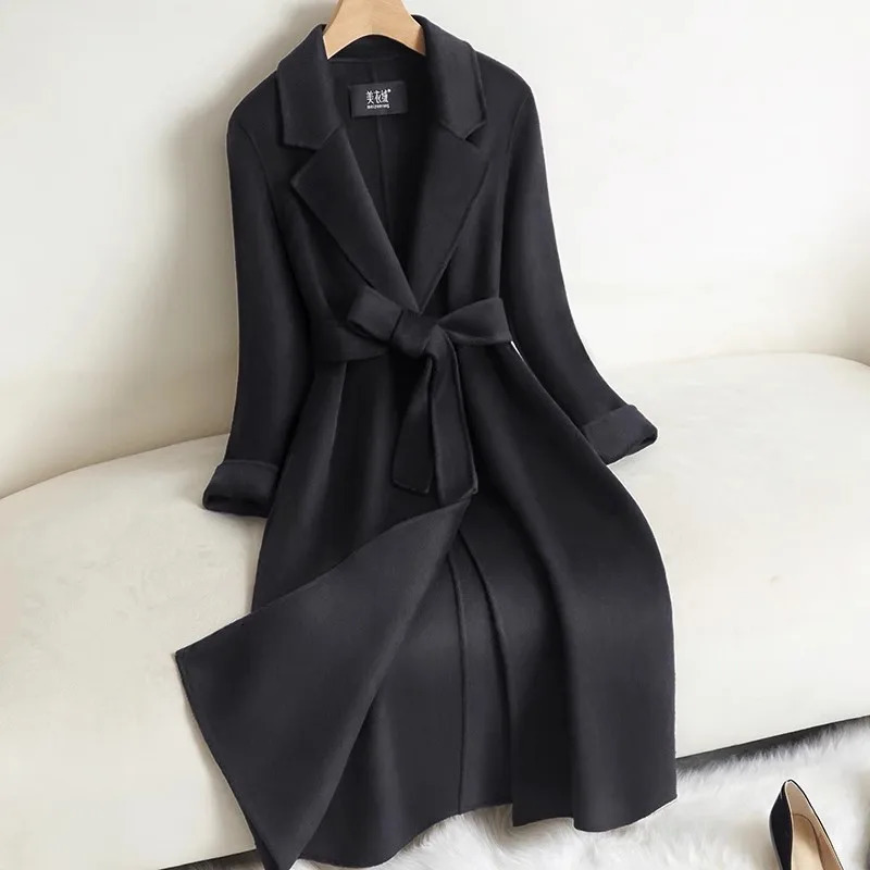 Black Doublesided Cashmere Jacket Womens Long Coat 2025 Autumn Winter Temperament Wool Coats Female Belt Long Overcoat 251029