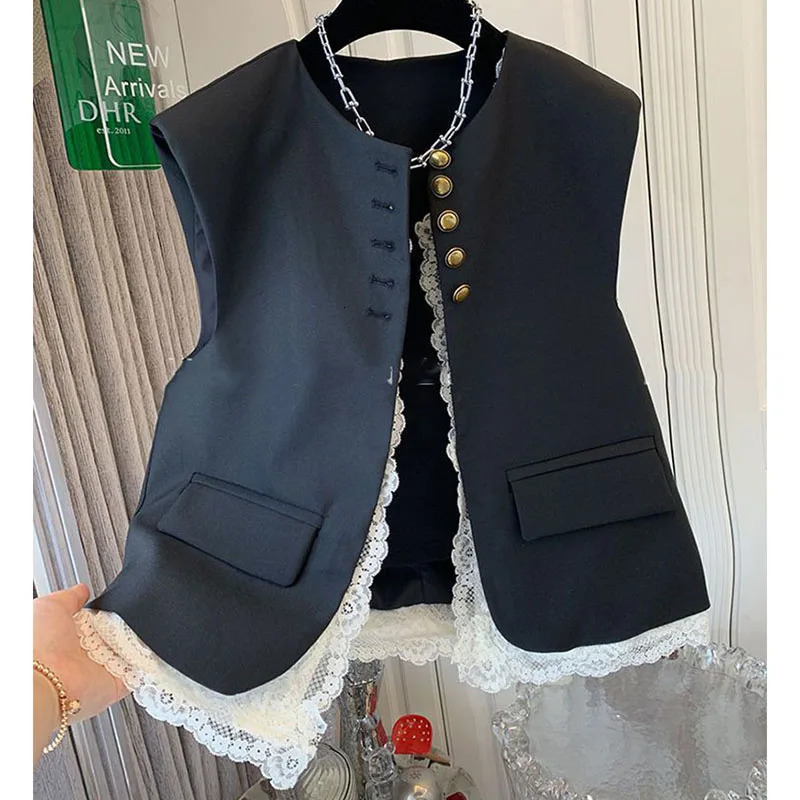 Lace Patchwork Women Vest Korean O Neck Casual Sleeveless Jackets Female Loose Waistcoat Vintage Chic Tops Women Clothing 251029