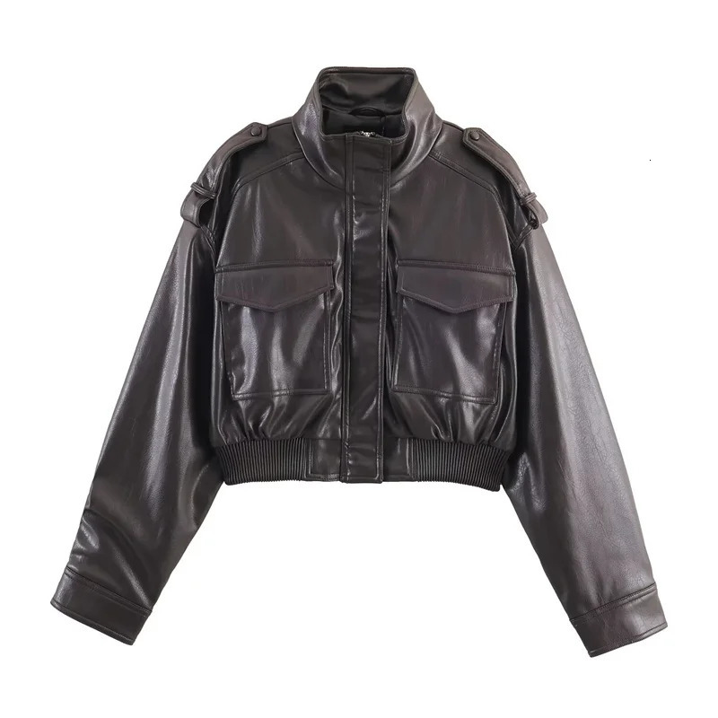 Womens Jacket Fall 2025 Dark Green Long Sleeve Faux Leather Short Jacket Biker Style Casual Fashion Personality 251029