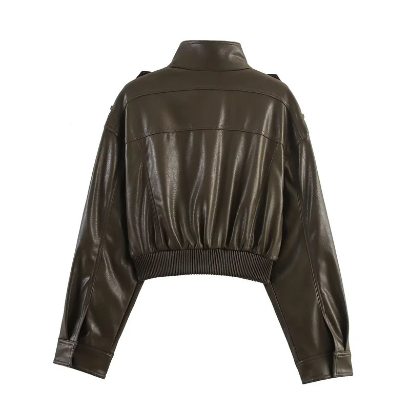 Womens Jacket Fall 2025 Dark Green Long Sleeve Faux Leather Short Jacket Biker Style Casual Fashion Personality 251029